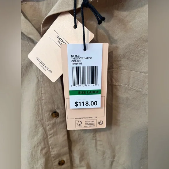 Scotch & Soda Oversized Button-Down Long-sleeved Tan Neutral Shirt Sz‎ Large NWT - Picture 8 of 11